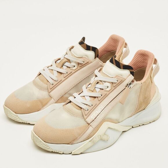 Fendi Flow Size 39.5 Beige/white Fabric And Suede Lace Up Sneakers